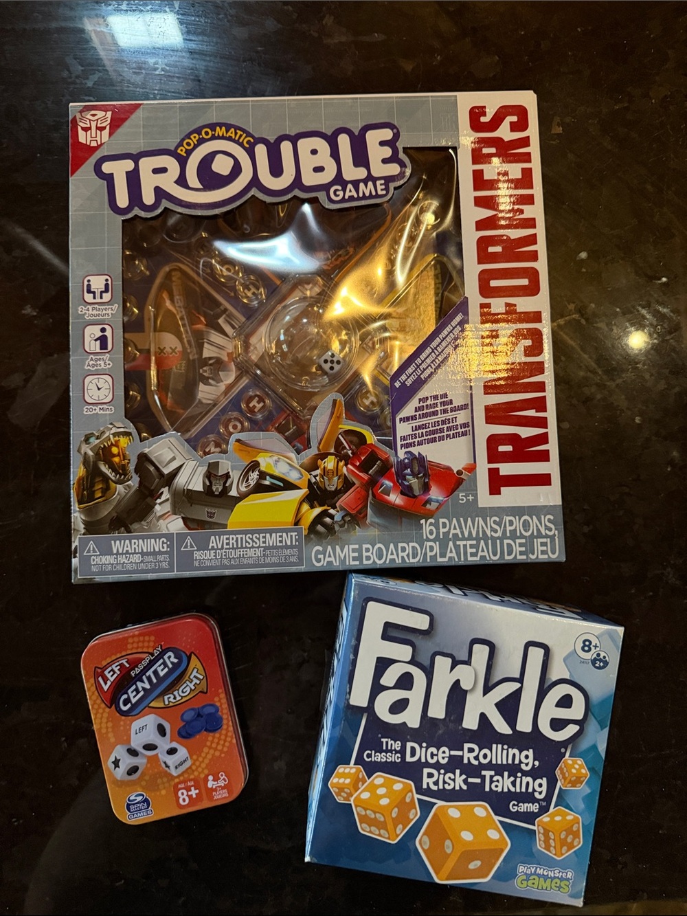 Transformers Trouble Board Game, Farkle, LCR Games